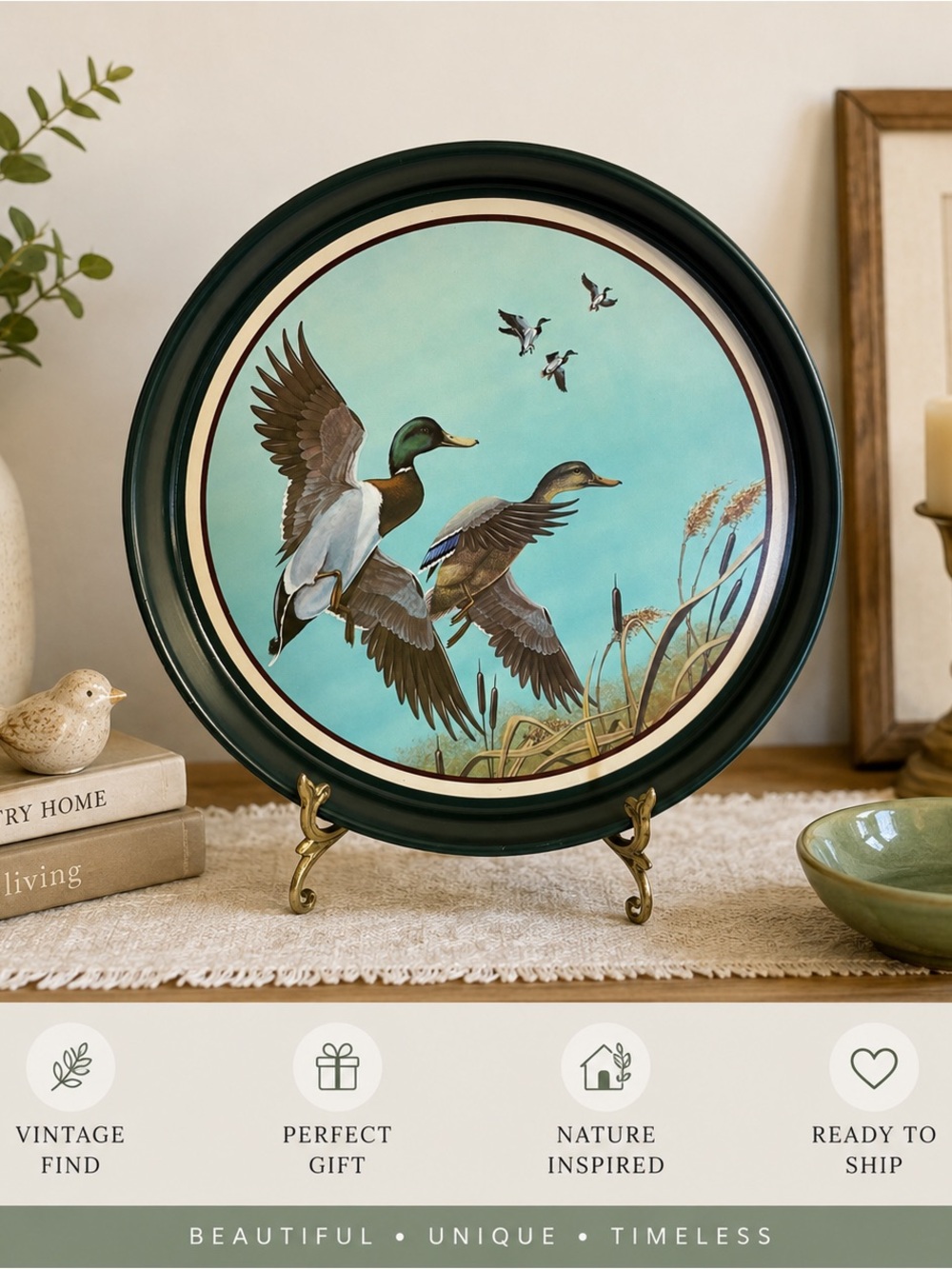 Avon Mallard Duck Decorative Metal Tray in Teal and Green 1980’s. Mancave.
